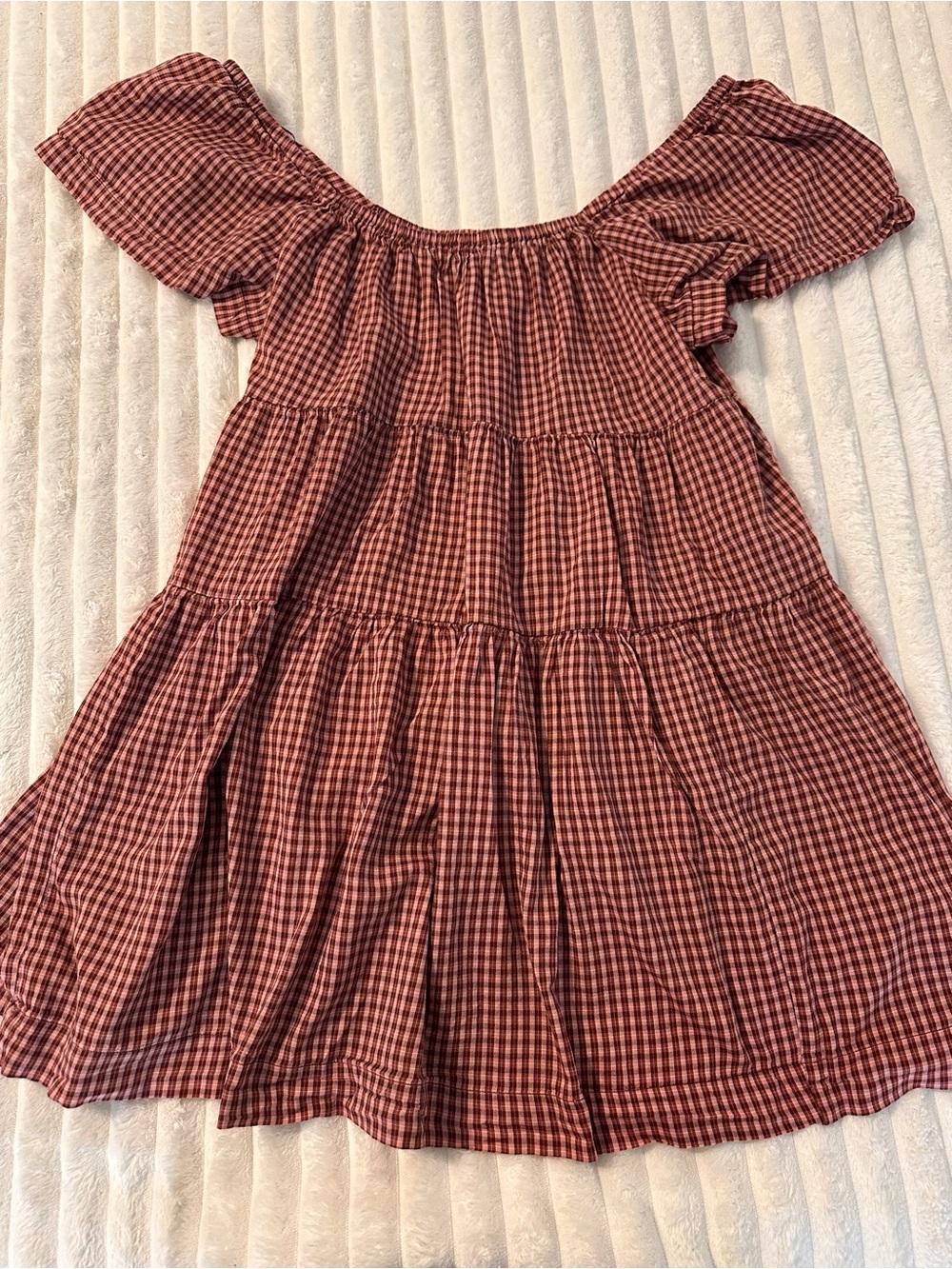 Old Navy Off the Shoulder Gingham Tiered Mini Dress in Rust Plaid - Picture 3 of 8